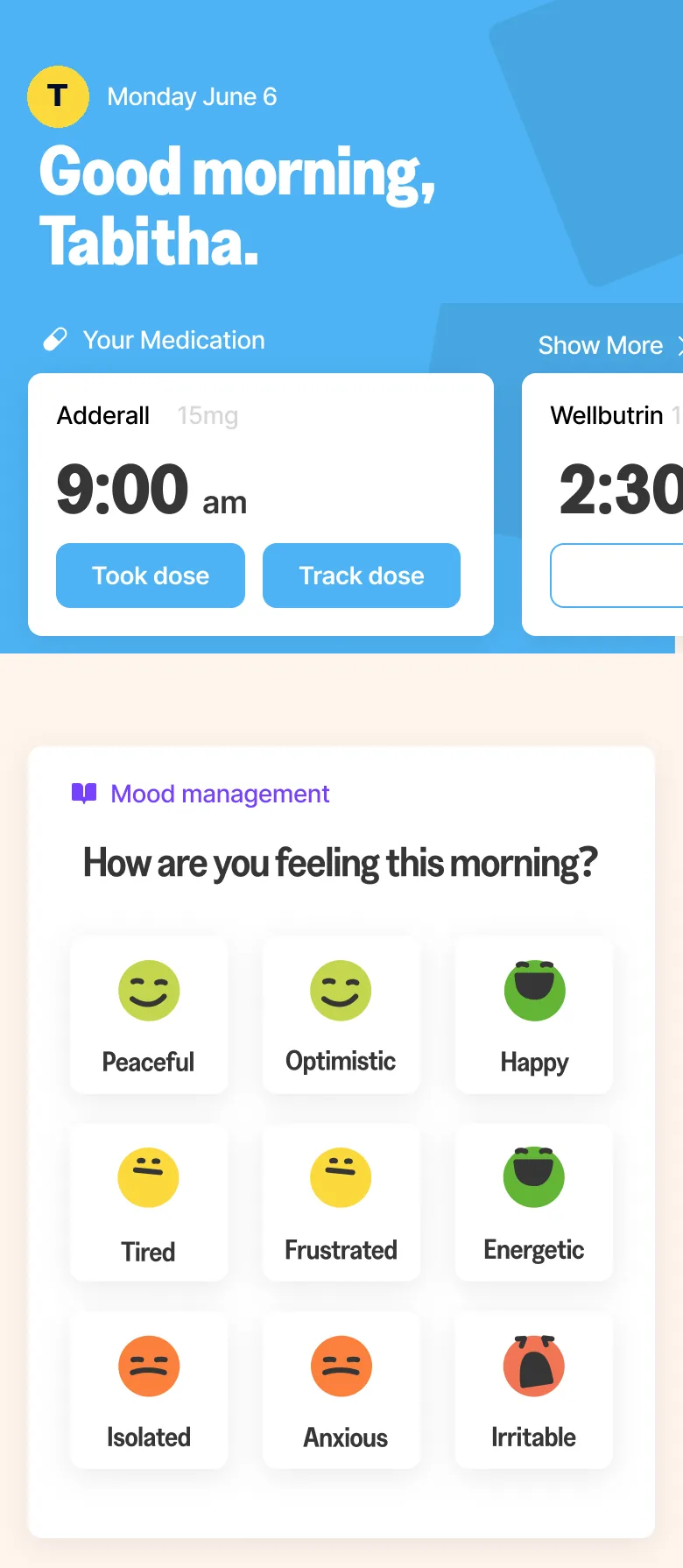 Check-in card asking &lsquo;How are you feeling this morning?&rsquo; with nine moods to tap, from peaceful to irritable.